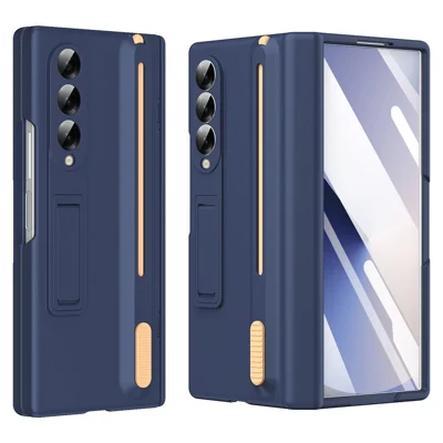 For Samsung Galaxy Z Fold3 5G Kickstand Phone Case with Tempered Glass Screen Protector and Stylus Pen - Sapphire