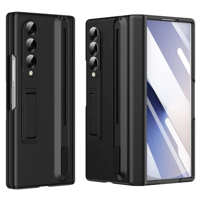 For Samsung Galaxy Z Fold4 5G Kickstand Phone Case with Tempered Glass Screen Protector and Stylus Pen - Black