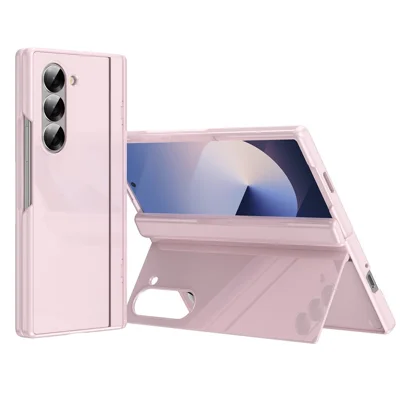 For Samsung Galaxy Z Fold6 5G PC Phone Case with Back Cover Kickstand and Tempered Glass Film - Pink