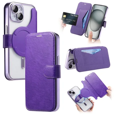 For iPhone 13 Case Compatible with MagSafe Detachable Leather Phone Cover with Lens Film - Light Purple