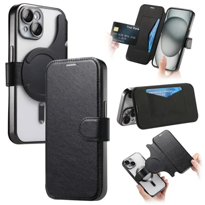 For iPhone 14 Plus Case Compatible with MagSafe Detachable Leather Phone Cover with Lens Film - Black