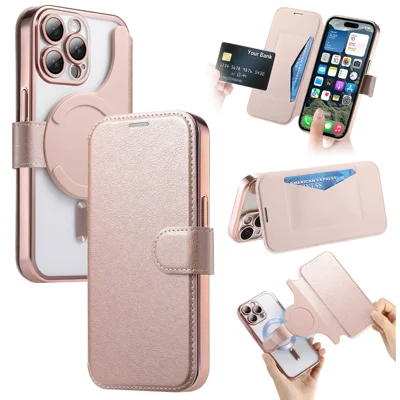For iPhone 14 Pro Case Compatible with MagSafe Detachable Leather Phone Cover with Lens Film - Rose Gold