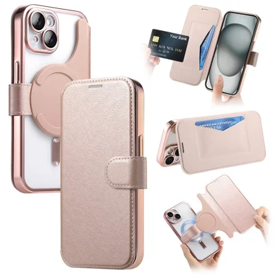 For iPhone 14 Case Compatible with MagSafe Detachable Leather Phone Cover with Lens Film - Rose Gold