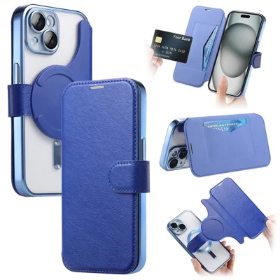 For iPhone 15 Plus Case Compatible with MagSafe Detachable Leather Phone Cover with Lens Film - Blue