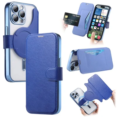 For iPhone 15 Pro Case Compatible with MagSafe Detachable Leather Phone Cover with Lens Film - Blue