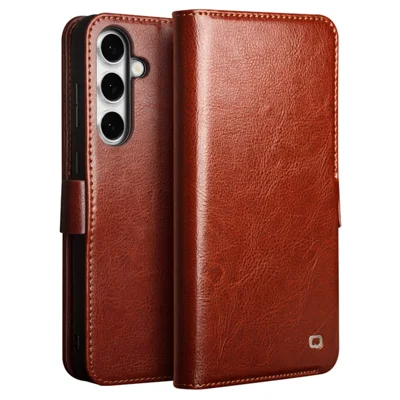 QIALINO For Samsung Galaxy S24 FE Case with Card Holder Genuine Cow Leather Stand Phone Cover - Brown
