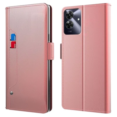 For Realme Note 60 Case Stand PU Leather Phone Cover Card Holder Mirror - Rose Gold