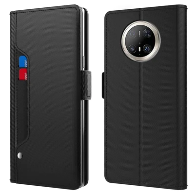 For Huawei Mate 70 Pro / 70 Pro+ Case Stand PU Leather Phone Cover Card Holder Mirror - Black