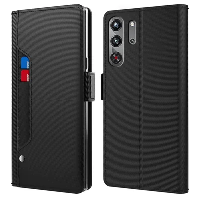 For ZTE nubia RedMagic 10 Pro 5G Case Stand PU Leather Phone Cover Card Holder Mirror - Black