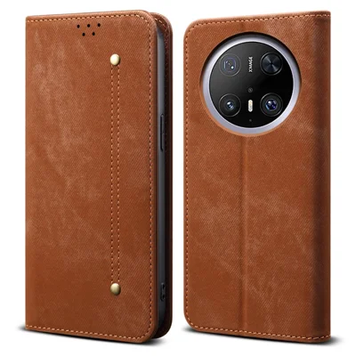 Futerał do Huawei Mate 70 Pro / Mate 70 Pro+ z teksturą sukna dżinsowego, antyrysik, skórzana obudowa z podstawką - Kolor kawy