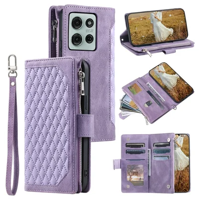 Style 005 For Motorola Moto G75 5G Wallet Case Rhombus Stitching Line PU Leather Phone Cover - Purple