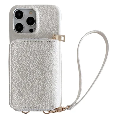 For iPhone 14 Pro Max Case Zipper Card Slots PU Leather Phone Back Cover with Wrist Strap - White