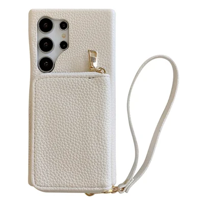 For Samsung Galaxy S23 Ultra Case Zipper Card Slots PU Leather Phone Back Cover with Wrist Strap - White
