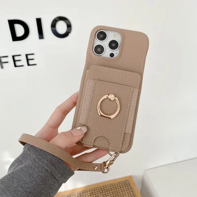 For iPhone 15 Pro Max Case Card Slots Kickstand PU Leather Back Cover with Ring Holder, Wrist Strap - Light Brown