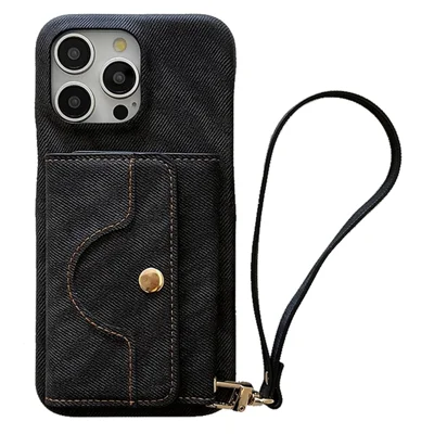 For iPhone 16 Pro Max Case Card Slots Mirror Design Jeans Cloth Texture PU Leather Back Cover with Strap - Black