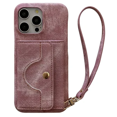 For iPhone 15 Pro Max Case Card Slots Mirror Design Jeans Cloth Texture PU Leather Back Cover with Strap - Pink