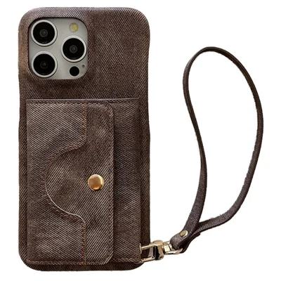 For iPhone 14 Pro Case Card Slots Mirror Design Jeans Cloth Texture PU Leather Back Cover with Strap - Light Brown