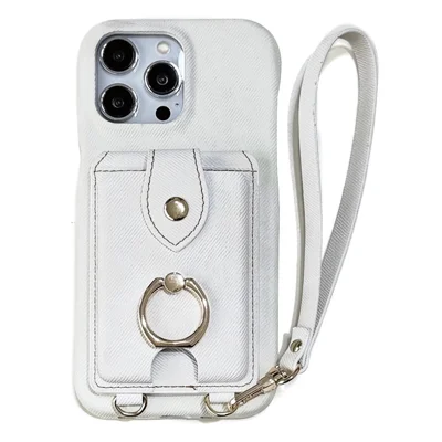 For iPhone 14 Pro Max Case Ring Kickstand Card Holder Jeans Cloth Texture PU Leather Back Cover with Strap - White
