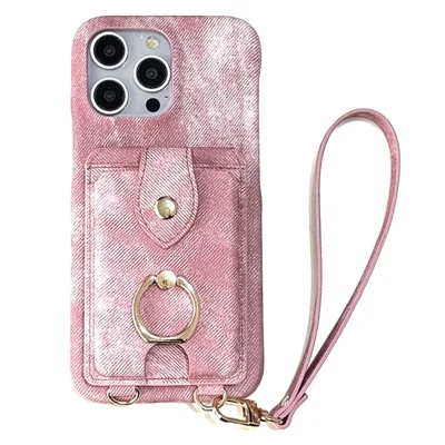 For iPhone 15 Pro Case Ring Kickstand Card Holder Jeans Cloth Texture PU Leather Back Cover with Strap - Pink