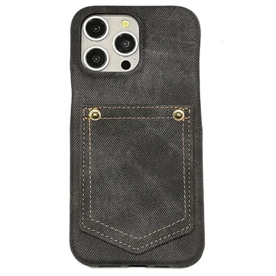 Voor iPhone 14 Pro Max hoesje met kaarthouder, stofjeansstructuur PU leer achterkant - Zwart
