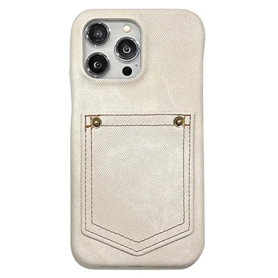 For iPhone 15 Pro Case Card Holder Jeans Cloth Texture PU Leather Back Cover - White