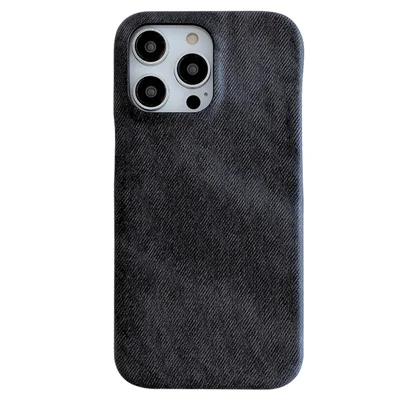 Voor iPhone 14 Pro Max hoesje met stofjeansstructuur PU-leer + PET achterkant - Zwart