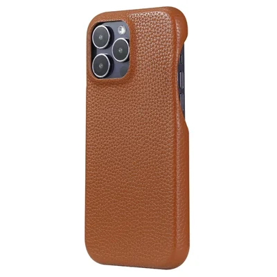 iPhone 15 Pro hoesje met lycheestructuur, PU-leer en PET telefoonbackcover - Donkerbruin