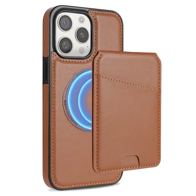 For iPhone 15 Pro Max Case Compatible with MagSafe Detachable Card Holder Kickstand Leather Phone Back Cover - Brown