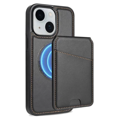 For iPhone 14 Case Compatible with MagSafe Detachable Card Holder Kickstand Leather Phone Back Cover - Black