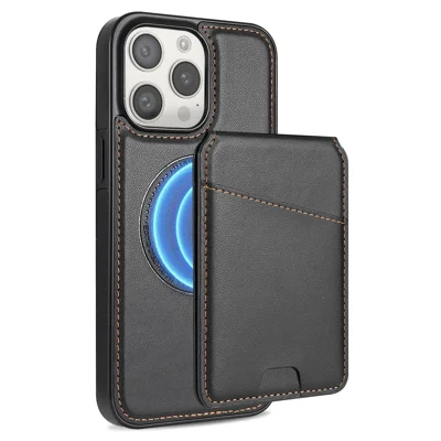 For iPhone 14 Pro Case Compatible with MagSafe Detachable Card Holder Kickstand Leather Phone Back Cover - Black