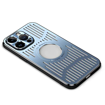 Magnetic Case for iPhone 14 Pro Max Back Hollow Heat Dissipation Phone Case TPU+Metal Phone Cover - Blue