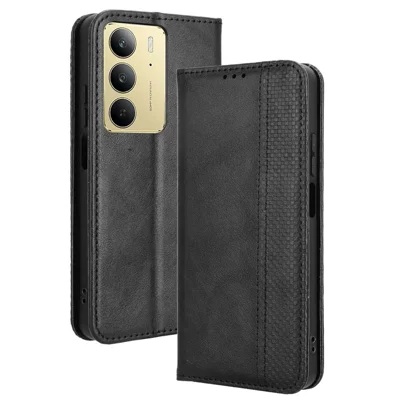For Realme 14x 5G / C75 4G / V60 Pro 5G Leather Case Wallet Stand Retro Texture Phone Cover - Black