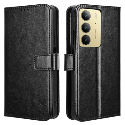 For Realme 14x 5G / C75 4G / V60 Pro 5G Case Crazy Horse Texture PU Leather Phone Wallet Cover - Black