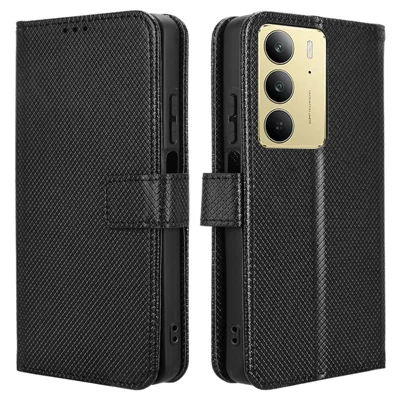 For Realme 14x 5G / C75 4G / V60 Pro 5G Case PU Leather Diamond Texture Wallet Phone Cover - Black