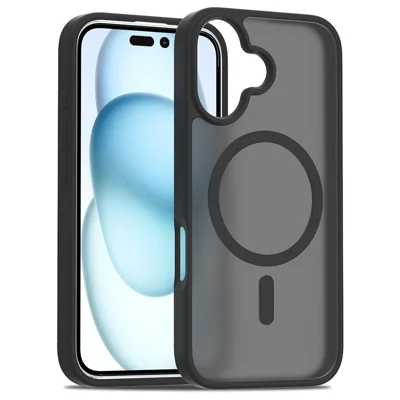 For iPhone 16 Compatible with MagSafe TPU Frame Acrylic Back Phone Cover Skin Touch - Black