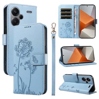 For Xiaomi Redmi Note 13 Pro+ 5G Leather Case Wallet Phone Cover Dandelion Imprint - Sky Blue