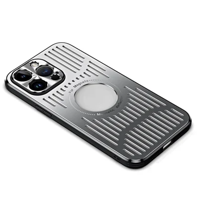 For iPhone 13 Pro Max Case Compatible with MagSafe Back Hollow Heat Dissipation TPU+Metal Phone Cover - Silver