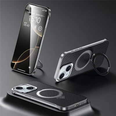 SULADA For iPhone 15 Case Compatible with MagSafe Kickstand PU + PC Phone Cover Carbon Fiber Texture - Black