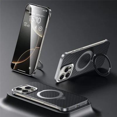 SULADA For iPhone 15 Pro Case Compatible with MagSafe Kickstand PU + PC Phone Cover Carbon Fiber Texture - Black
