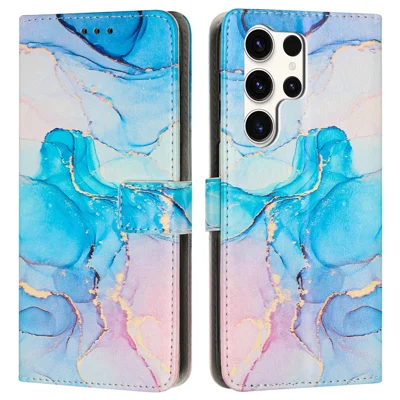 For Samsung Galaxy S25 Ultra Stand Case Marble Pattern PU Leather Wallet Phone Cover with Wrist Strap - Pink  /  Green