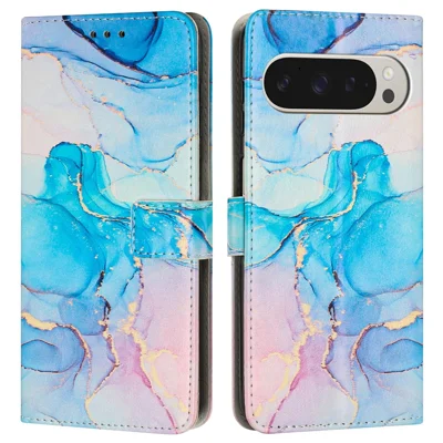For Google Pixel 10 Pro XL / 9 Pro XL Stand Case Marble Pattern PU Leather Wallet Phone Cover with Wrist Strap - Pink  /  Green
