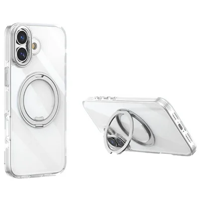 For iPhone 16 Case Compatible with MagSafe Gear Fulcrum Kickstand Electroplating Lens Frame PC + TPU Phone Cover - Silver