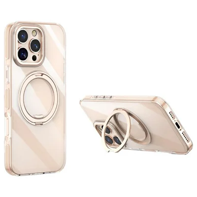 For iPhone 16 Pro Case Compatible with MagSafe Gear Fulcrum Kickstand Electroplating Lens Frame PC + TPU Phone Cover - Gold