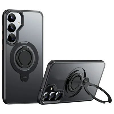 For Samsung Galaxy S25+ Magnetic Case Kickstand Matte PC + TPU Phone Cover with Silicone Ring - Black