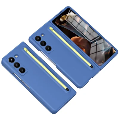 Phone Case with Tempered Glass Film for Samsung Galaxy Z Fold Special Hard PC Back Cover with Stylus - Sky Blue