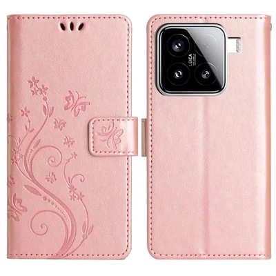 For Xiaomi 15 Leather Wallet Case Butterfly Flower Imprinted Phone Cover with Strap - Rose Gold