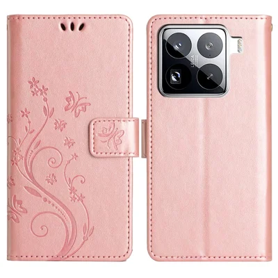 Futera skórzana z portfelem dla Xiaomi 15 Pro z motywem motyla i kwiatów, pokrowiec z paskiem - różowe złoto