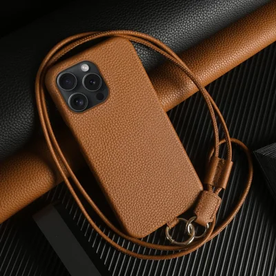 For iPhone 13 Pro Case with Lanyard Genuine Cow Leather PC Phone Back Cover - Brown