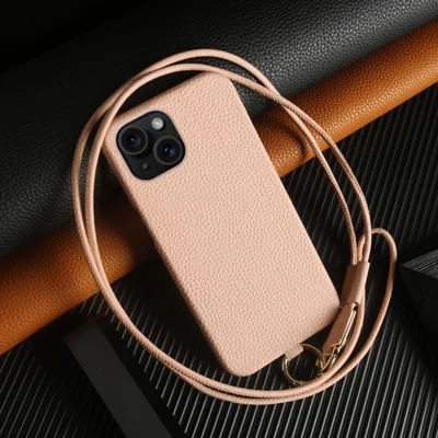 For iPhone 13 Case with Lanyard Genuine Cow Leather PC Phone Back Cover - Pink