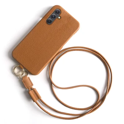 Samsung Galaxy A54 5G-hoes met lanyard van echt koeienleer PC-telefoonhoes - Bruin